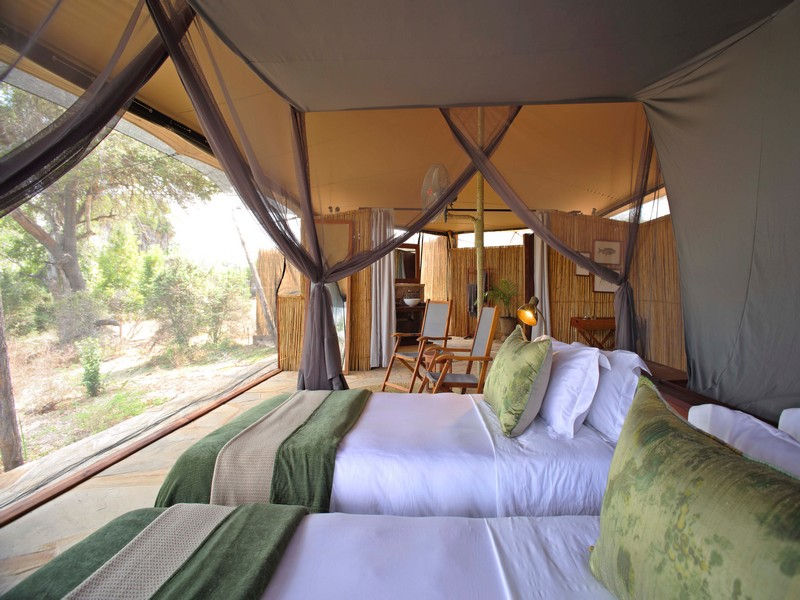 Guest tent with twin beds at Roho ya Selous Safari Camp in Nyerere National Park in Tanzania with Safari Ambitions