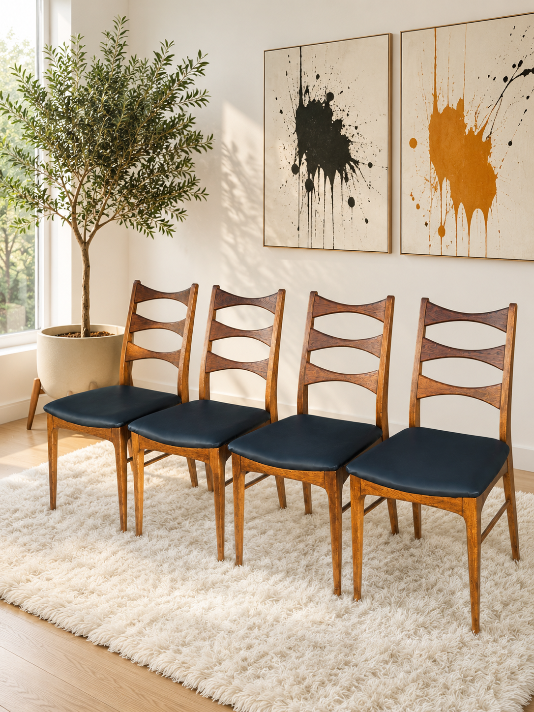 Restored Lane Rhythm dining chairs with refinished walnut timber frames and new vinyl seats