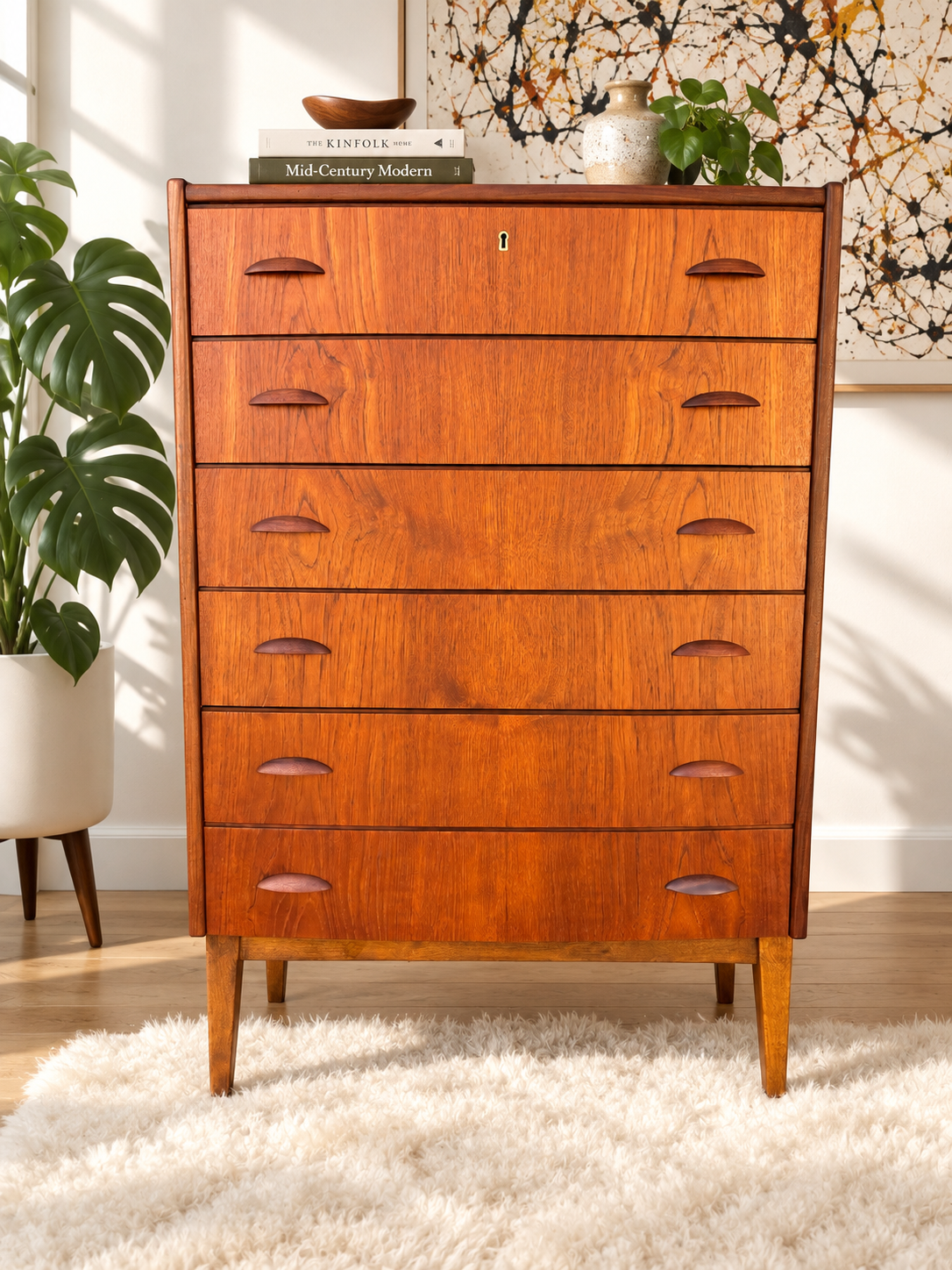 Teak Danish Bow Front Six Drawer Tall Chest