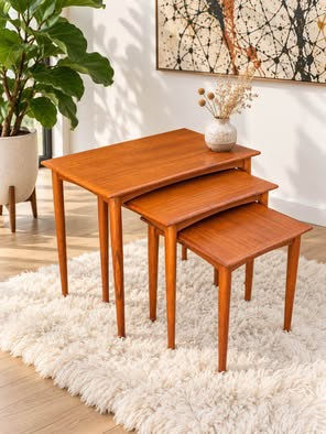 Restored Parker teak nesting tables set of three with tapered legs