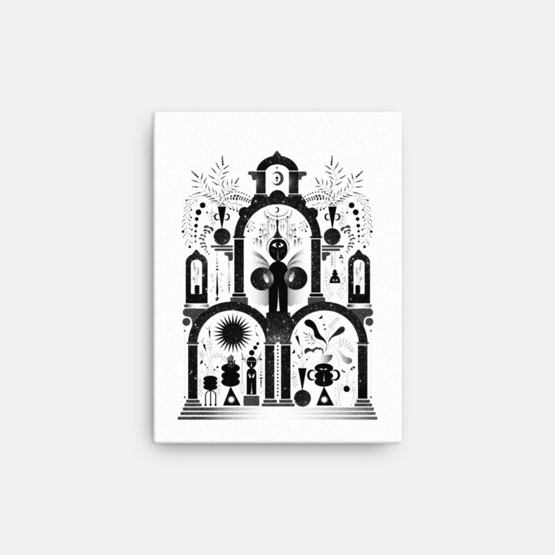 Black & White Temple Scene Canvas