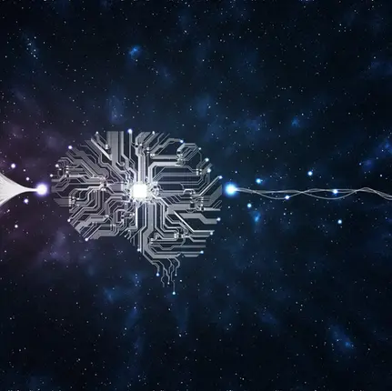 Abstract digital illustration of a circuit board brain connected to an inflow of data lines, symbolizing artificial intelligence and machine learning