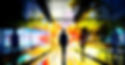 Abstract, colorful double-exposure image of people silhouettes in a tunnel with motion blur, representing urban transition or new possibilities