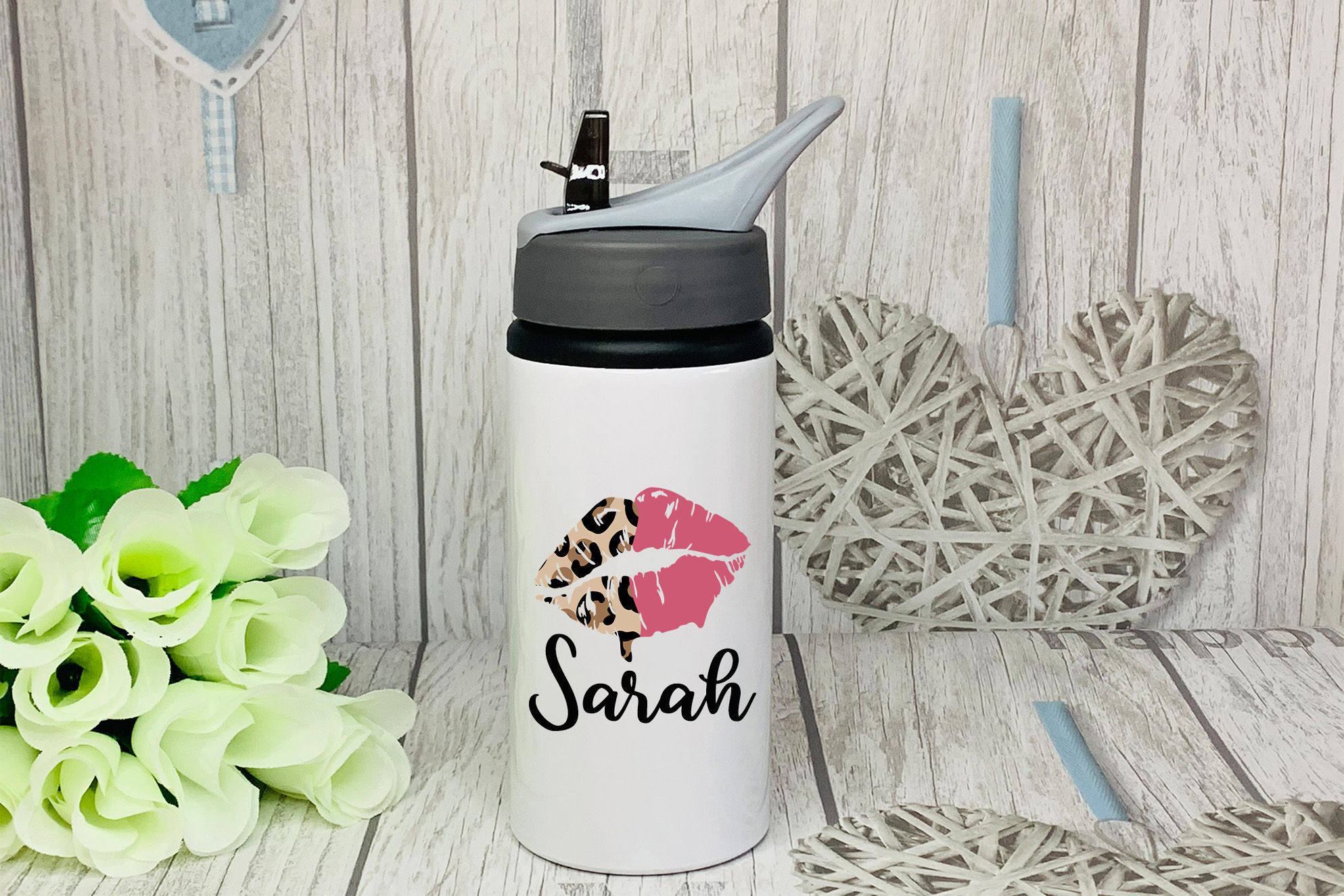 Personalised Flip Top Water Bottle - Leopard Lips Name