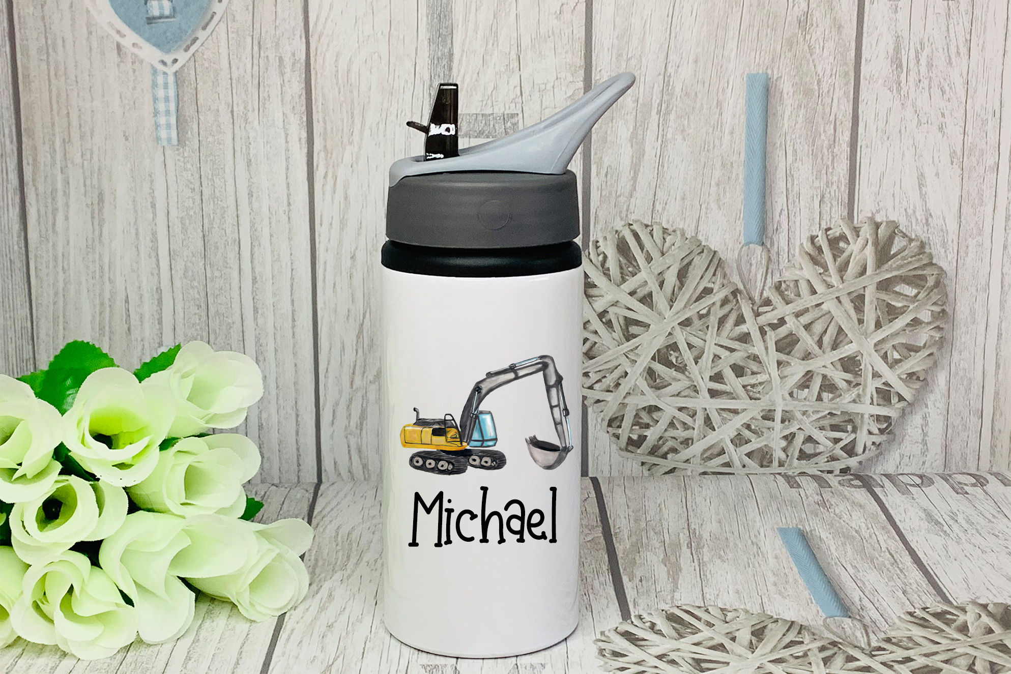 Personalised Flip Top Water Bottle - Digger Excavator Name