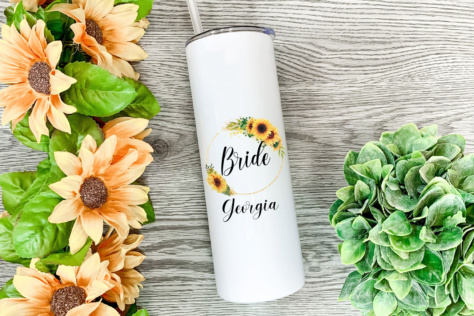 Personalised Skinny Tumbler - Sunflower Floral Wreath Name