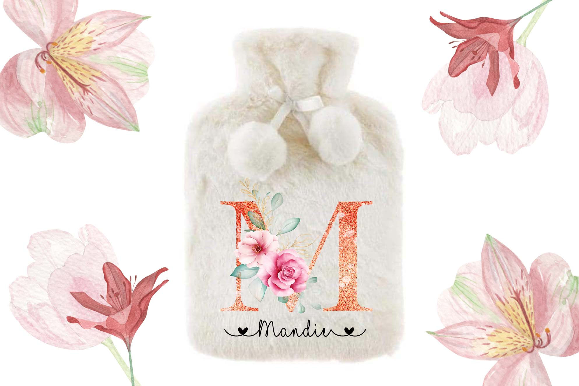 Personalised Hot Water Bottle - Gold Glittery Floral Initial Name