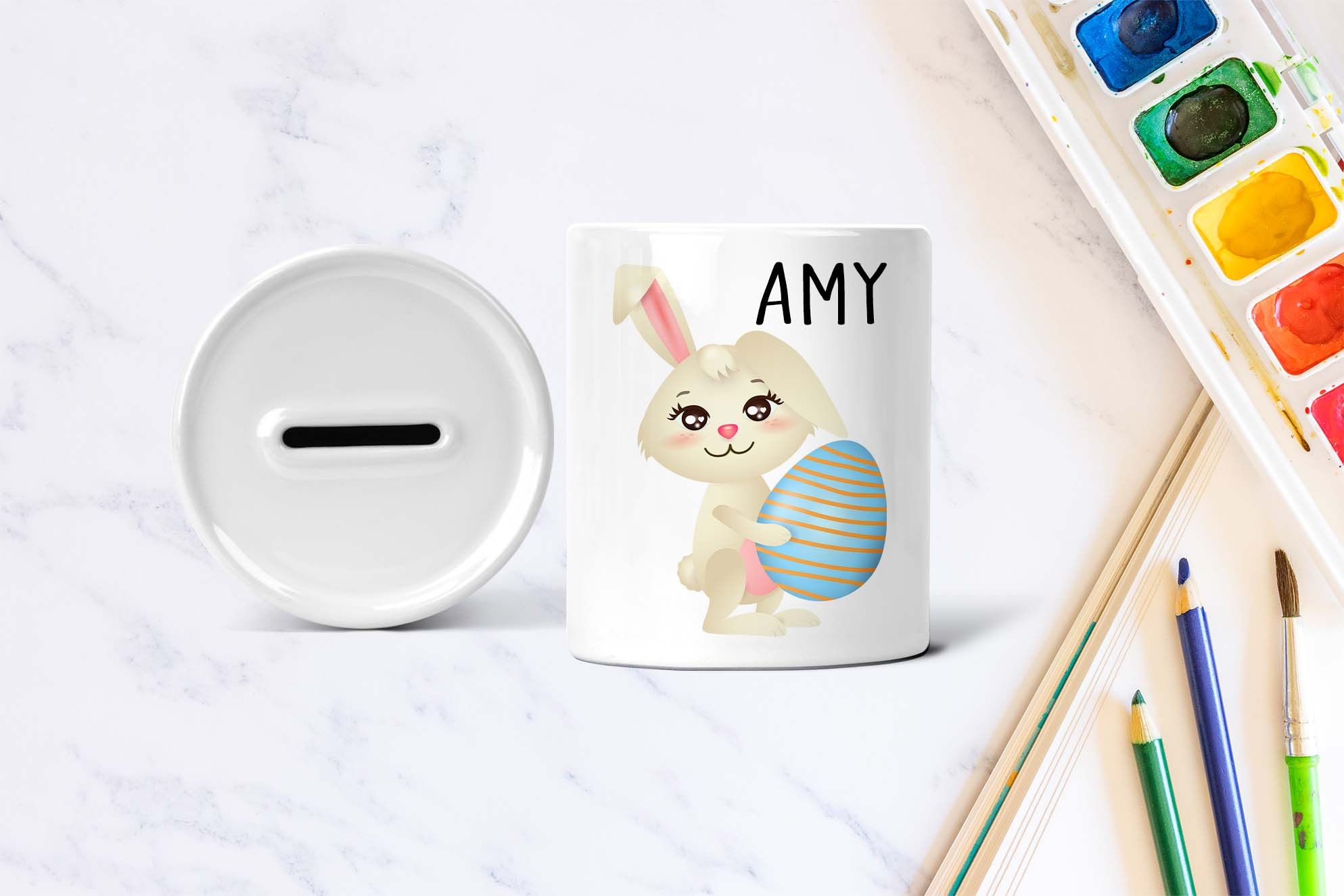 Personalised Money Box - Easter Bunny Blue Egg Name