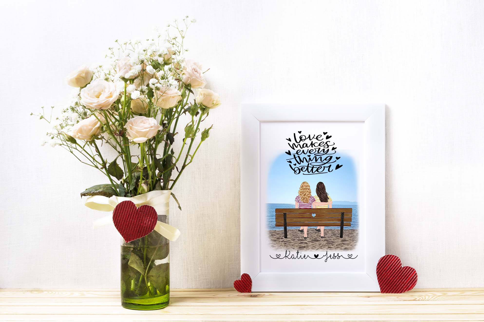 Personalised Framed Print - Characters Bench Sea Scene Love Makes Everything