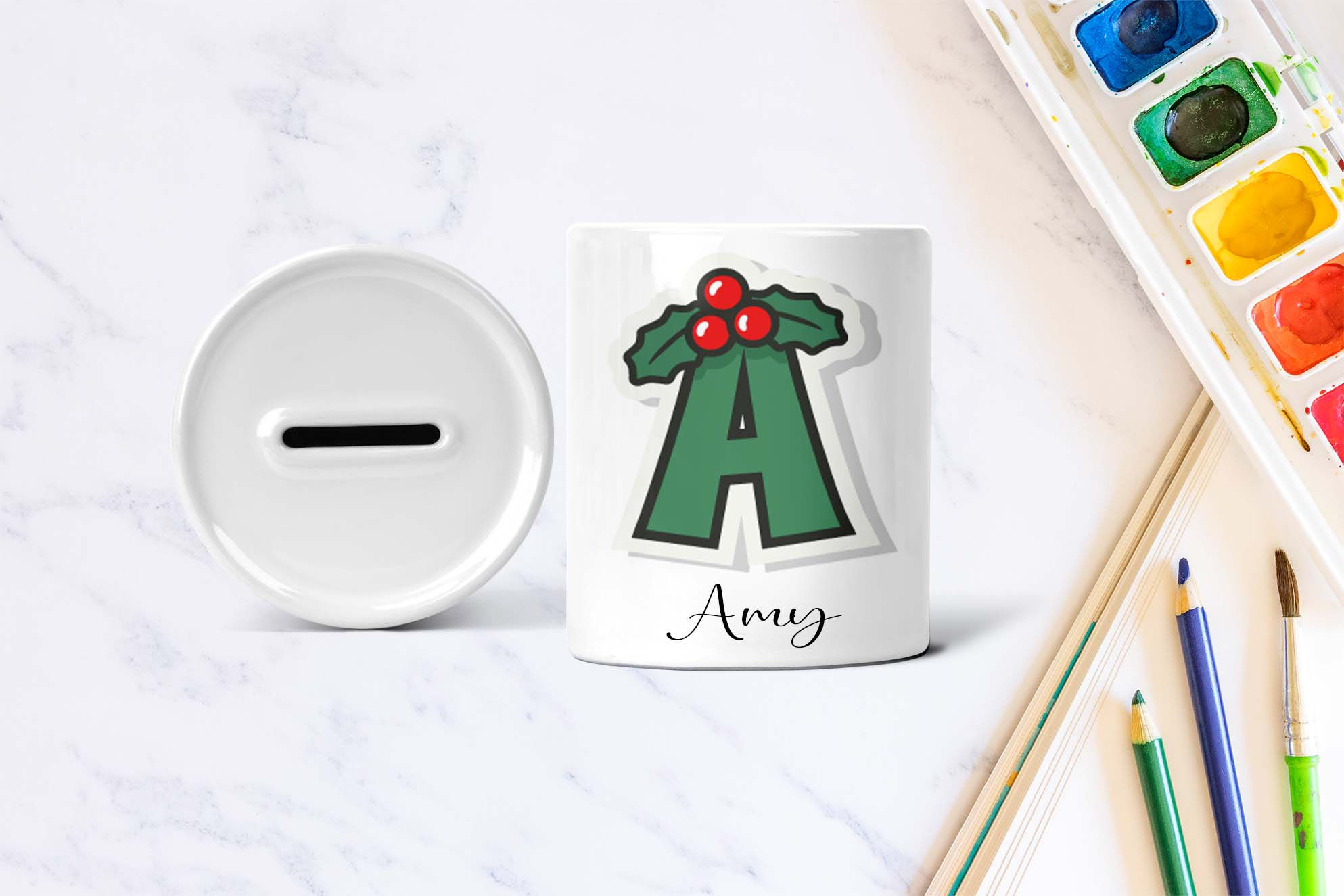 Personalised Money Box - Christmas Holly Berry Initial Name