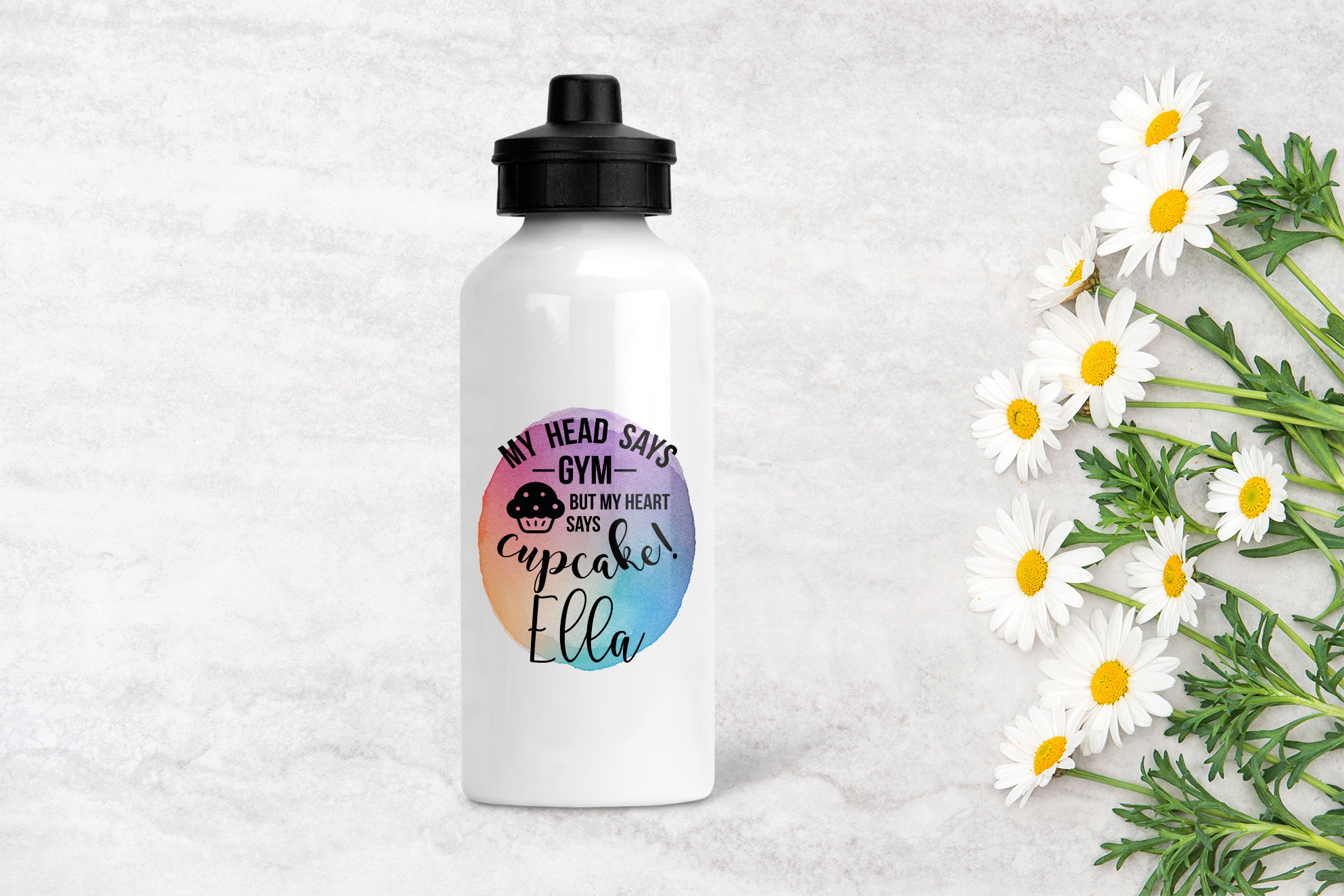 Personalised Water Bottle - Head Says Gym Heart Says Cupcake Name