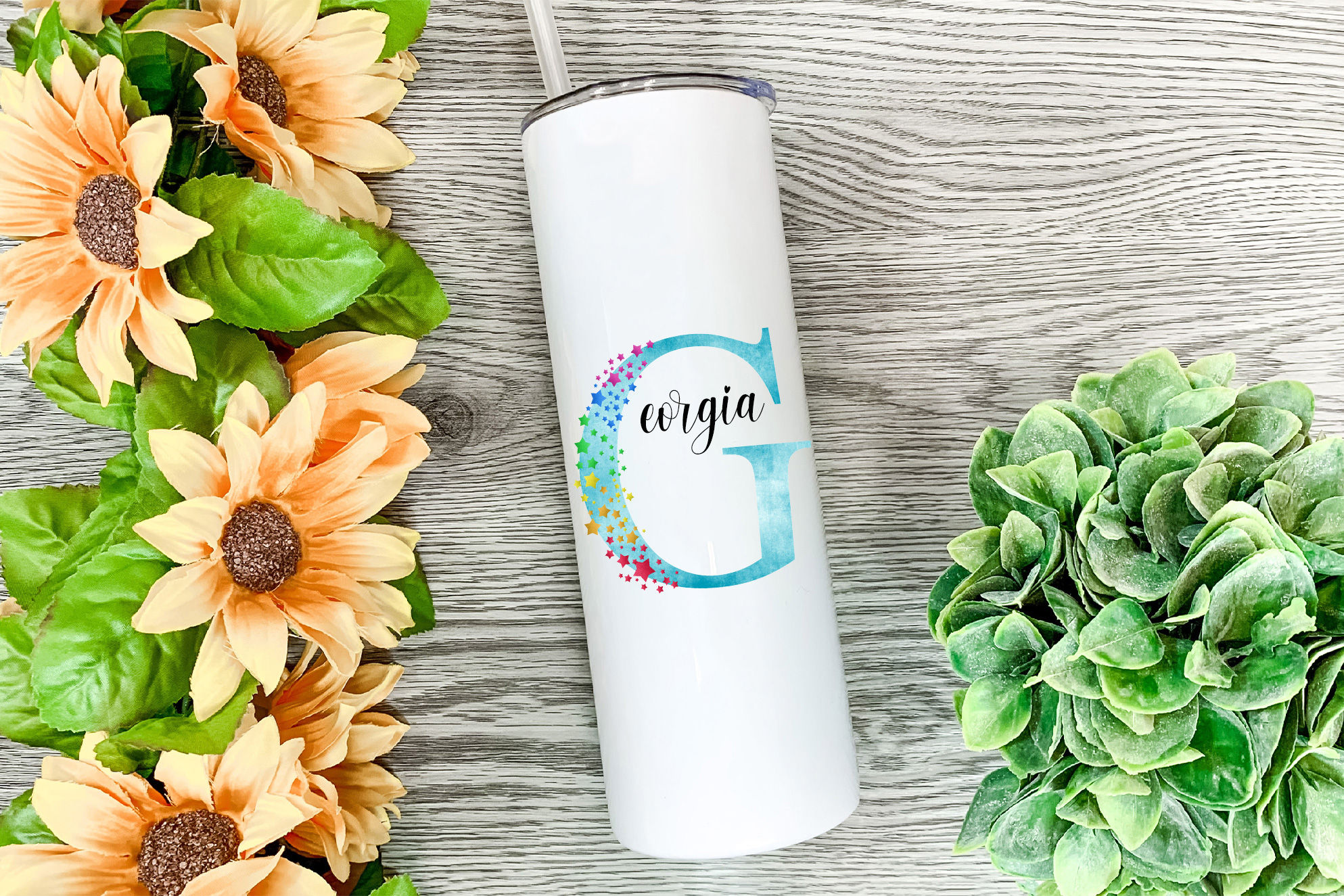 Personalised Skinny Tumbler - Blue Rainbow Stars Initial Name