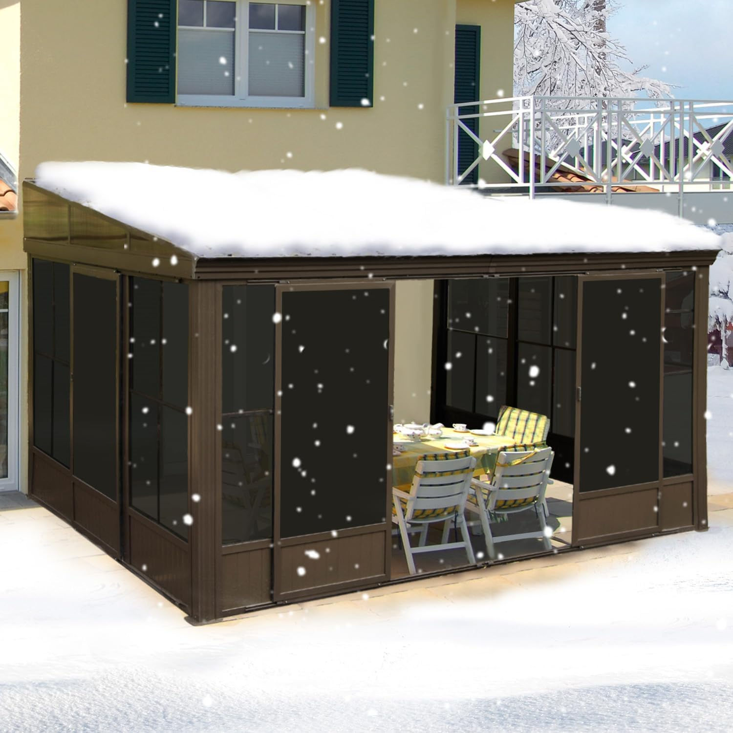 Domi 10x12FT Wall-Mounted Sunroom Gazebo, Aluminum Solarium with Galvanized Ste