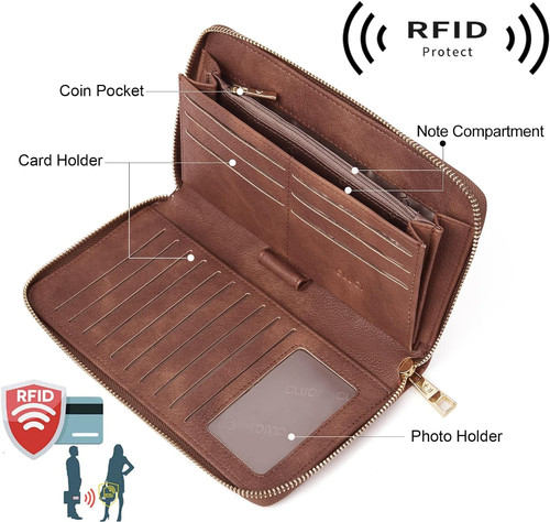 Women's Genuine Leather RFID Blocking Wallet Wristlet | Large Capacity Clutch Purse With Card Slots | Classic Brown Gift Purse - View #9