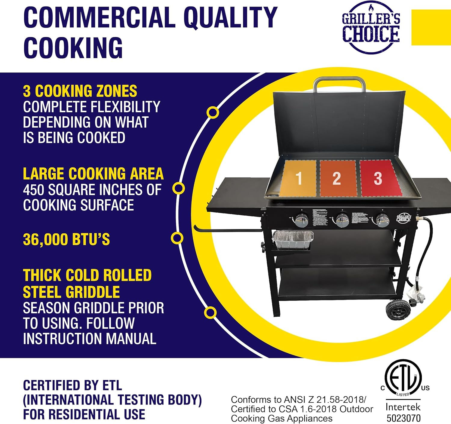 Griller's Choice Gas Griddle with Hinged Hood & Wind Guards, 4 Shelves, Propane