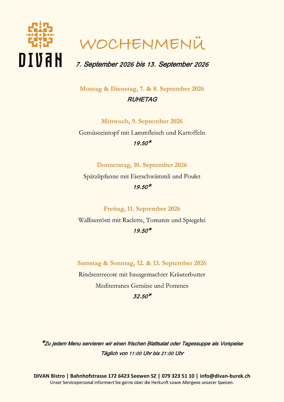 Wochenmenü ab 9. September 2026