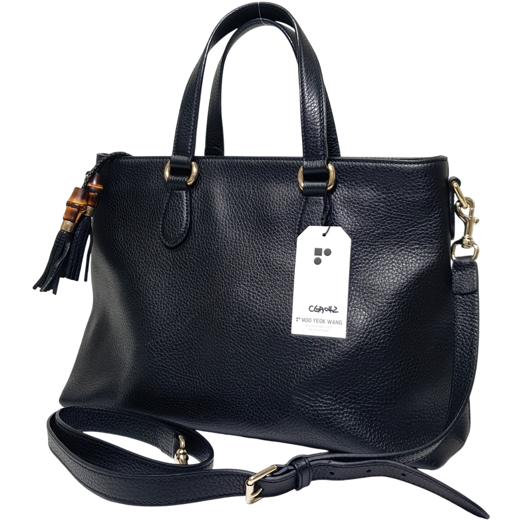 Gucci Bamboo Tassel Handbag 449643 Leather Black CGA042