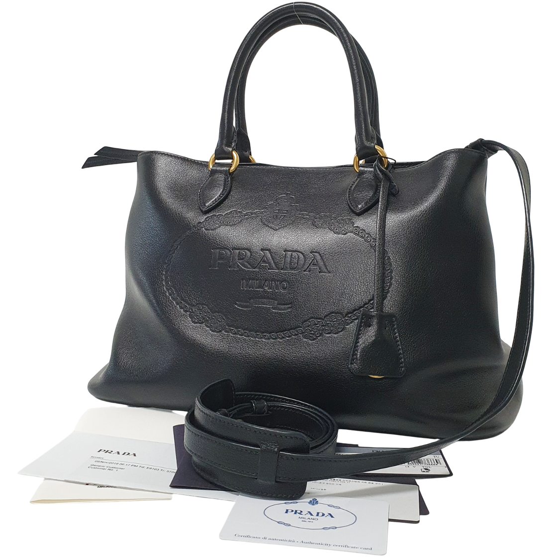 PRADA 2way Handbag 1BA579 Black With Invoice Barcode Tag PA026