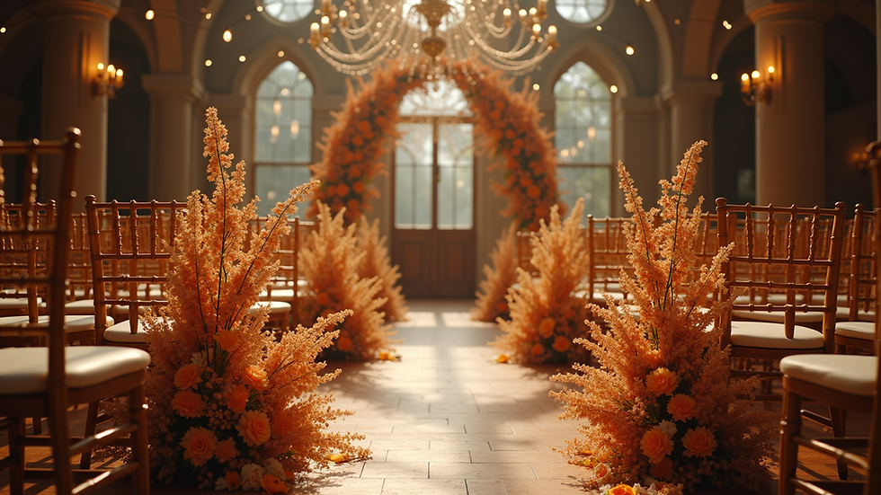 Wide angle view of wedding venue decorated with flowers and lights