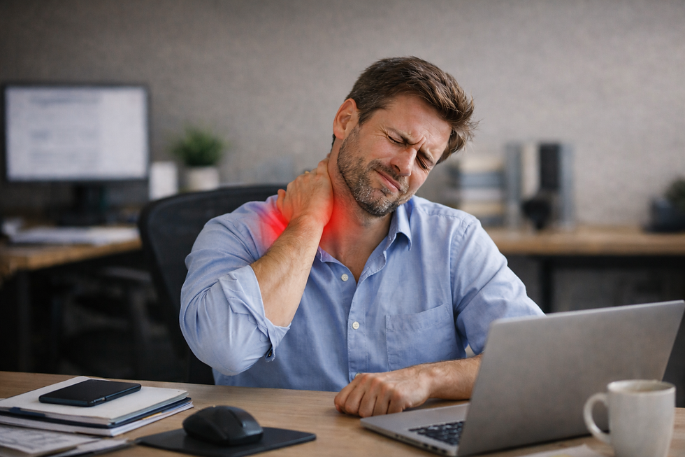 Person experiencing work-related neck and shoulder pain while sitting at a desk