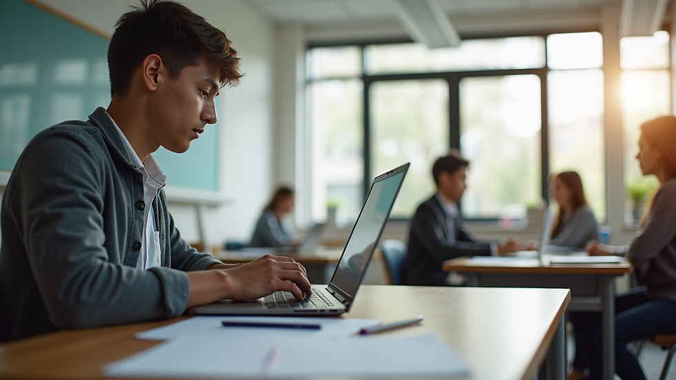 Eye-level view of a modern classroom with a single student learning on a laptop