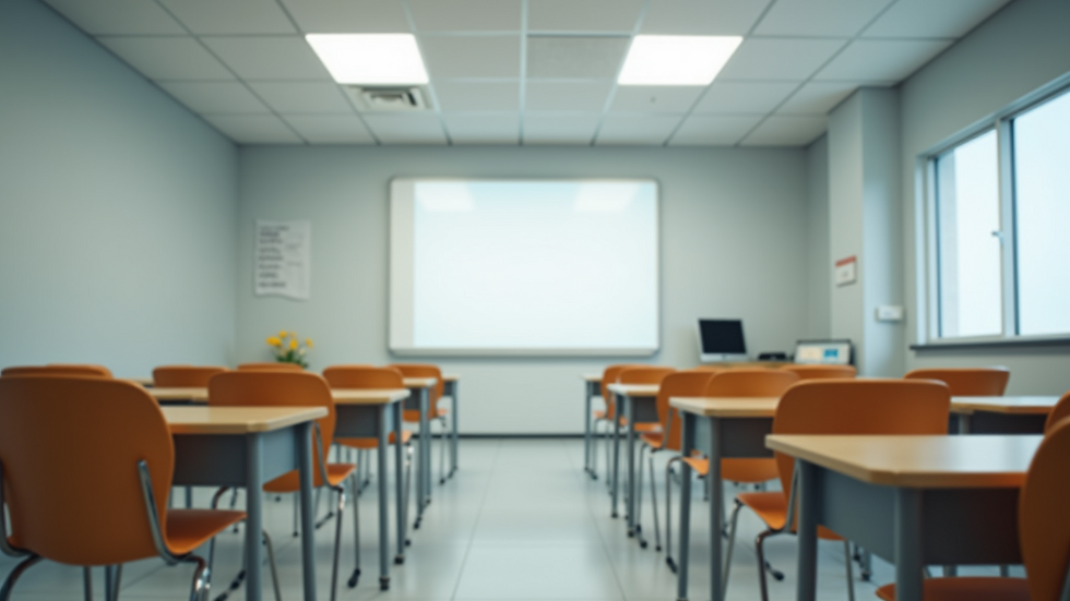 Eye-level view of a modern classroom with empty desks and a whiteboard