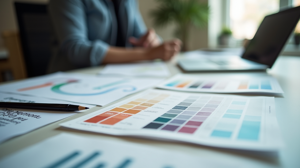 Close-up view of a designer's desk with color swatches and logo drafts