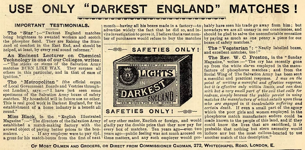 Anúncio para a caixa de fósforos Luzes na Inglaterra Mais Sombria, na Gazeta Inglaterra Sombria, 3 de março de 1894