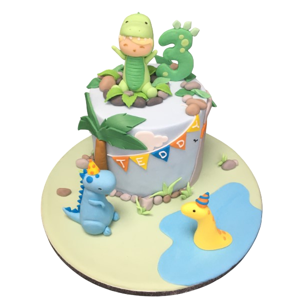 Adorable baby dinosaur themed cake for kids birthday parties, featuring colorful 3D fondant decorations on a delicious cake base.