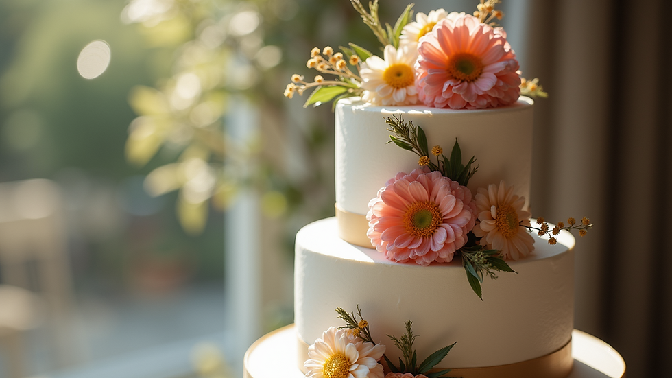 Close-up view of a multi-tiered cake with floral decorations
