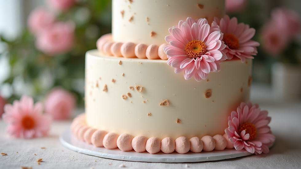 Close-up view of a tiered birthday cake decorated with pastel flowers