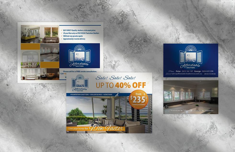 branding and point of sale for Affordable Shutters including business cards and A6 mailers