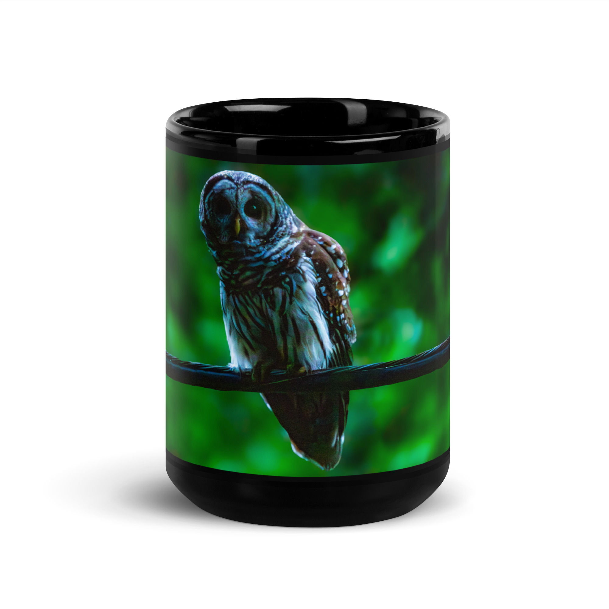 Spotted Owl on a Wire - Black glossy mug