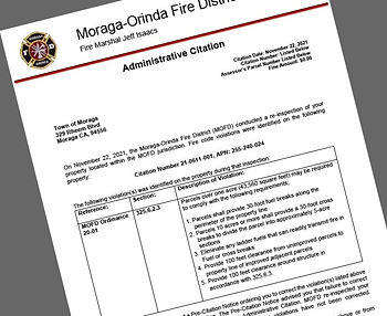 Moraga-Orinda Fire District administrative citation issued to the Town of Moraga for fire-abatement violations.