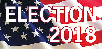 Election 2018 graphic over a waving American flag.