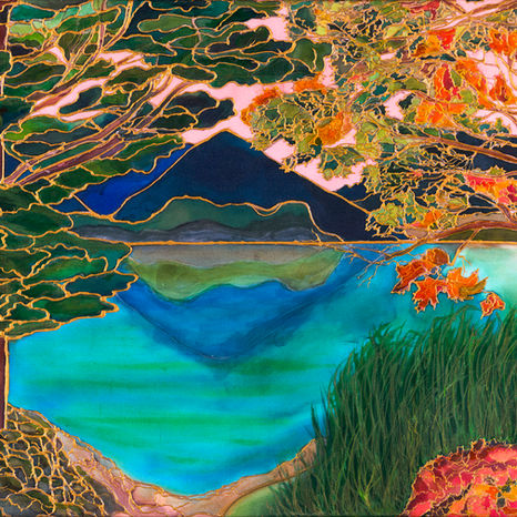 silk landscape painting mountain lake reflection colorful nature artwork copper gutta silk art contemporary landscape artist 