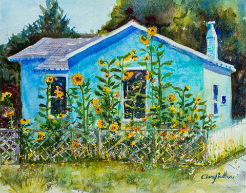 blue, house, country, sunflowers, garden