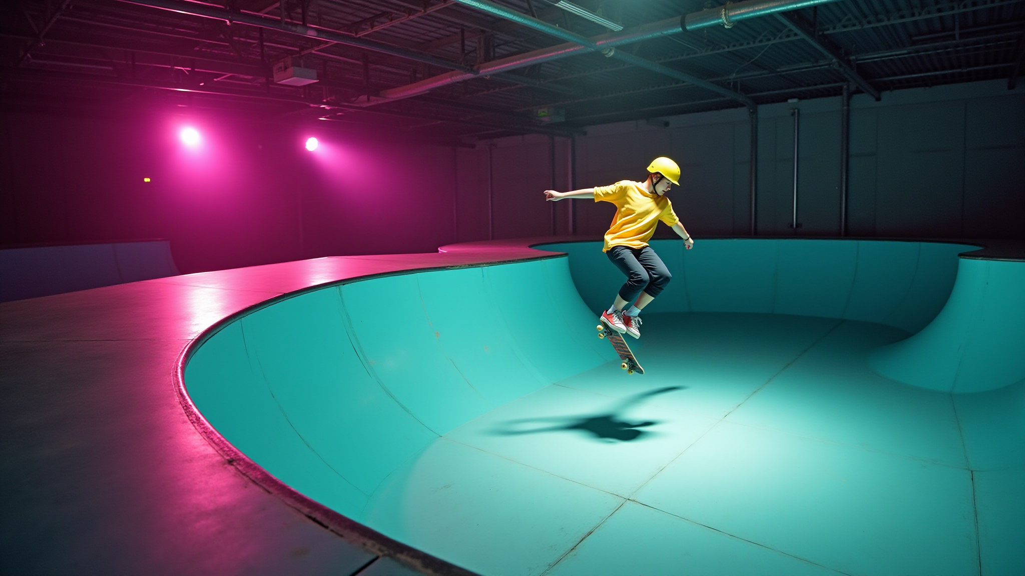 Skateboarder performing trick in teal halfpipe