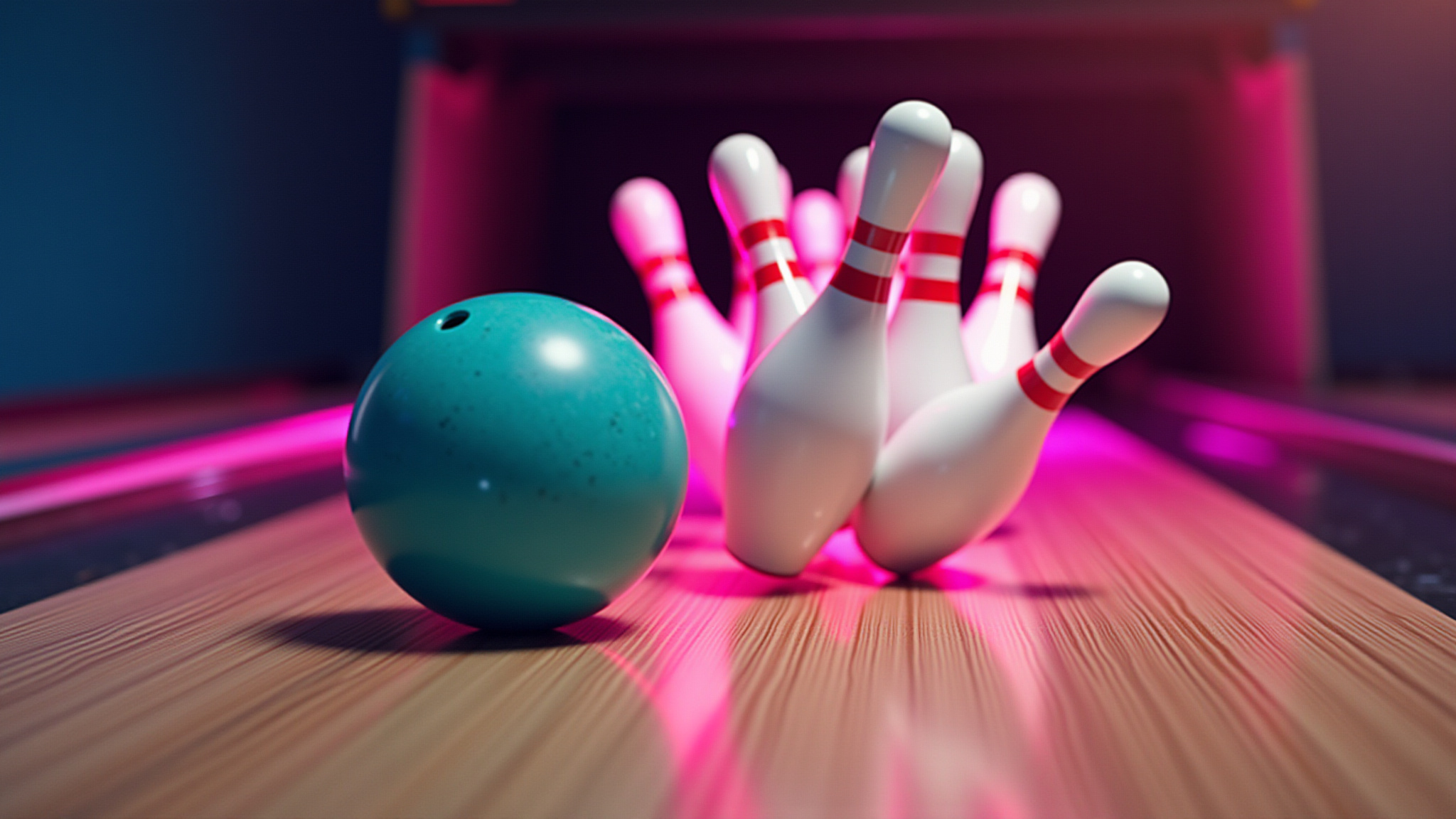 Bowling ball knocking down pins