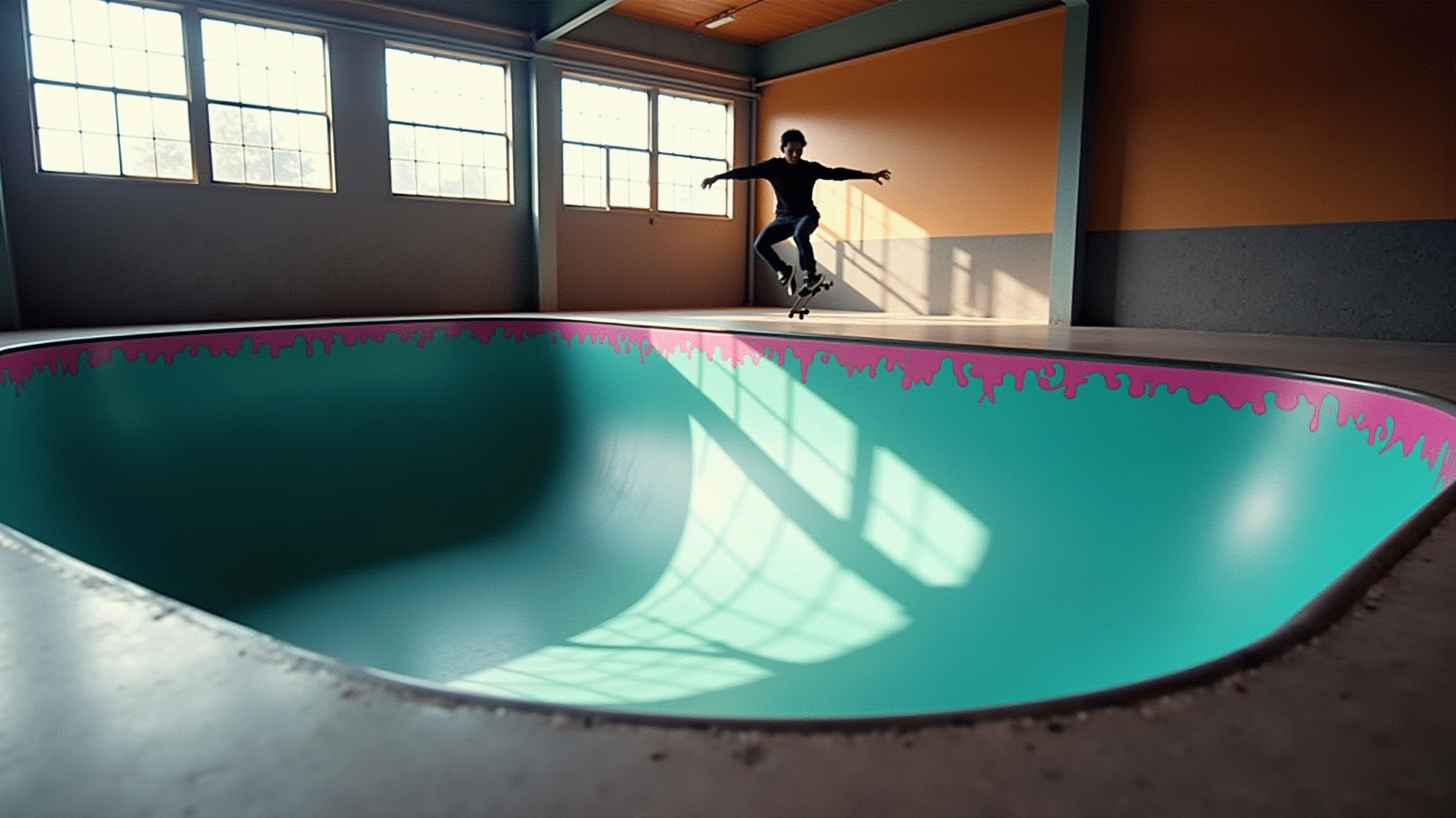 Skateboarder air mid-ollie over teal ramp