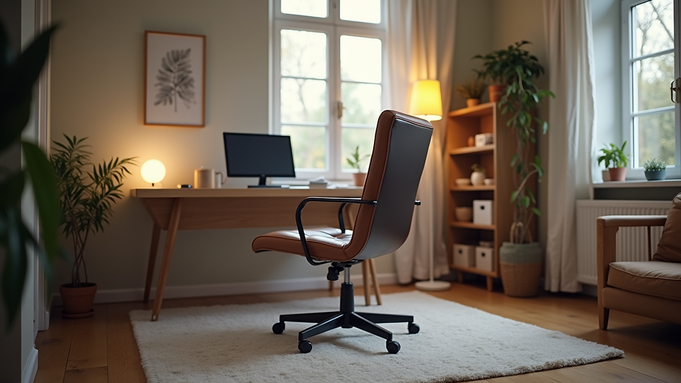 Eye-level view of a cozy home office setup with a laptop and a comfortable chair