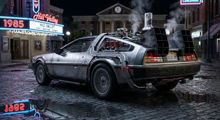 Back to the Future DeLorean time machine parked outside Hill Valley Theatre with the clock tower in the background