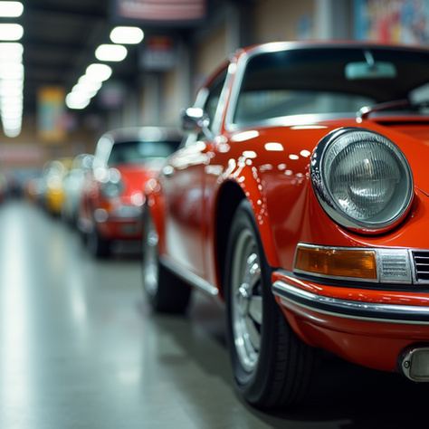 Series of classic cars arranged inside an automotive factory, creating a reference-rich setting for car restoration