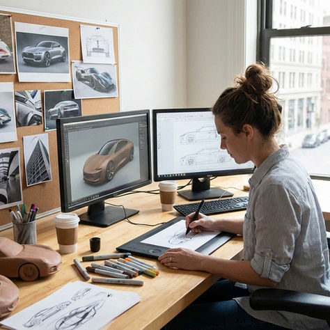 Automotive designer sketching vehicle concepts on a tablet using reference images, with clay models and design photos on her desk