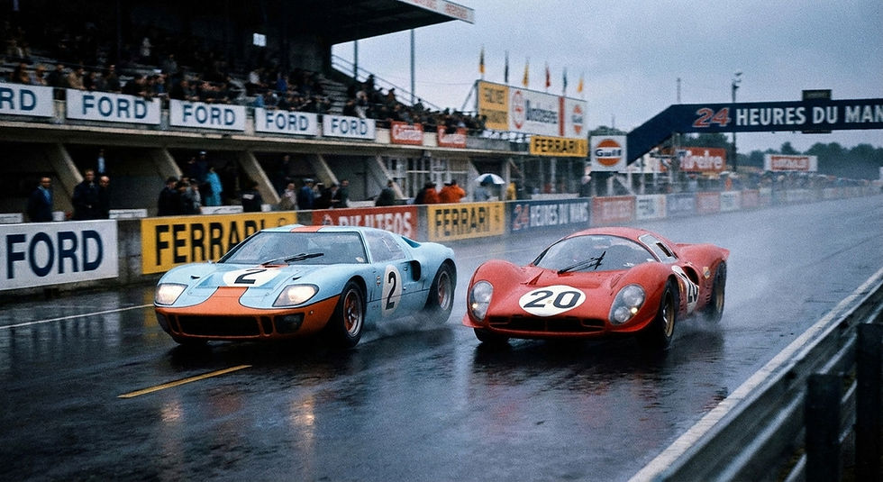 Ford GT40 racing Ferrari head to head at Le Mans in wet, rainy conditions