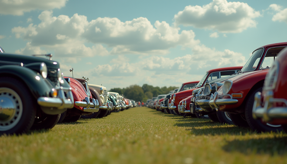 Collection of classic cars arranged on a grass field during a vintage vehicle event, celebrating automotive history