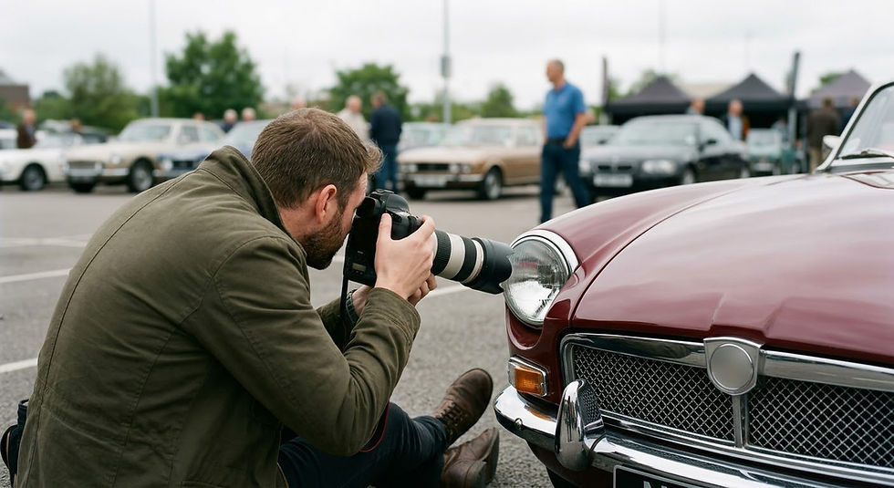 Photographer capturing close up vehicle detail references of a headlight and panel gap at an outdoor automotive event