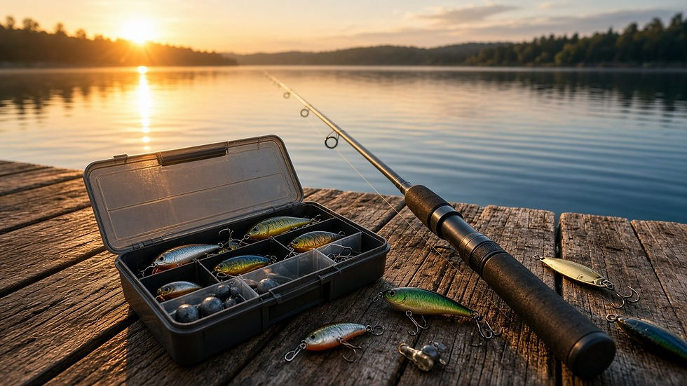 A fishing rod and tackle box on a wooden dock at sunrise