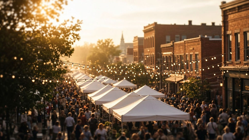 A small-town festival with string lights and tents at golden hour