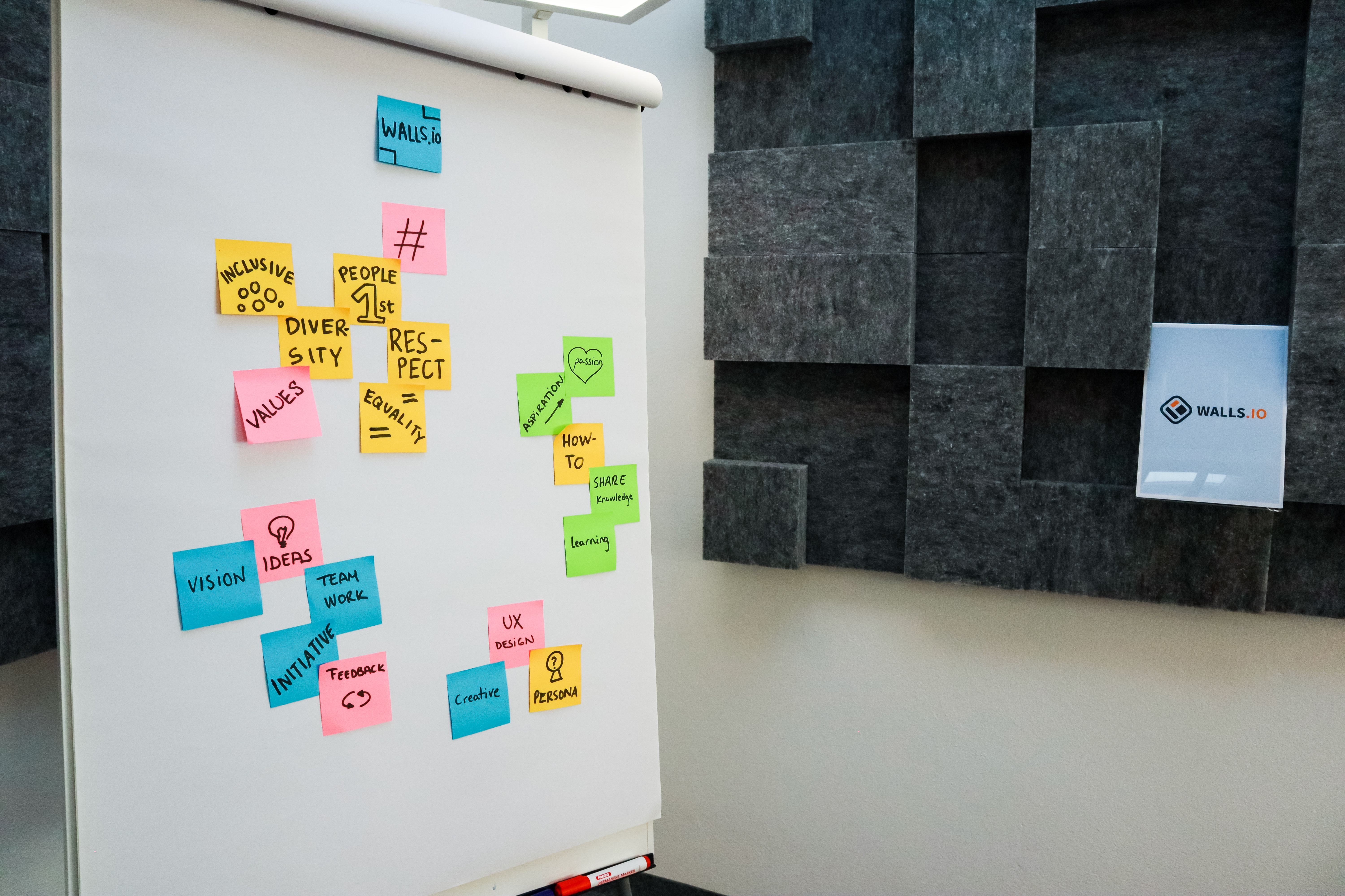 Colorful sticky notes arranged on an office whiteboard.